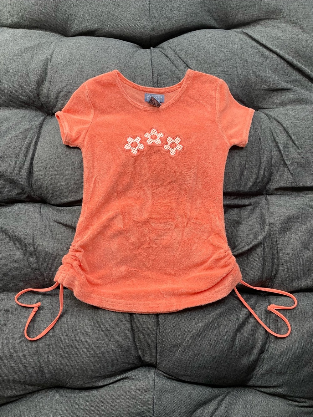 Girls' Coral Short-Sleeve Tie-Hem Top with Floral Embroidery